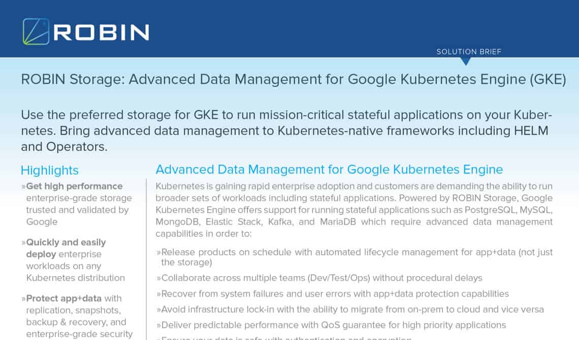 Robin Storage: Advanced Data Management for Google Kubernetes Engine (GKE) | Solution Brief