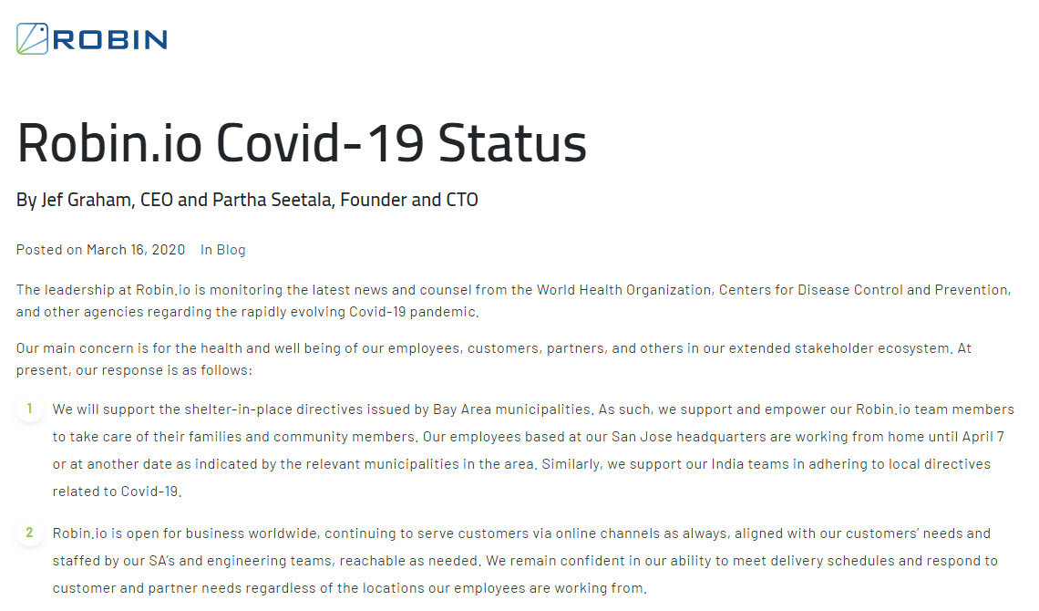 Robin.io Covid-19 Status